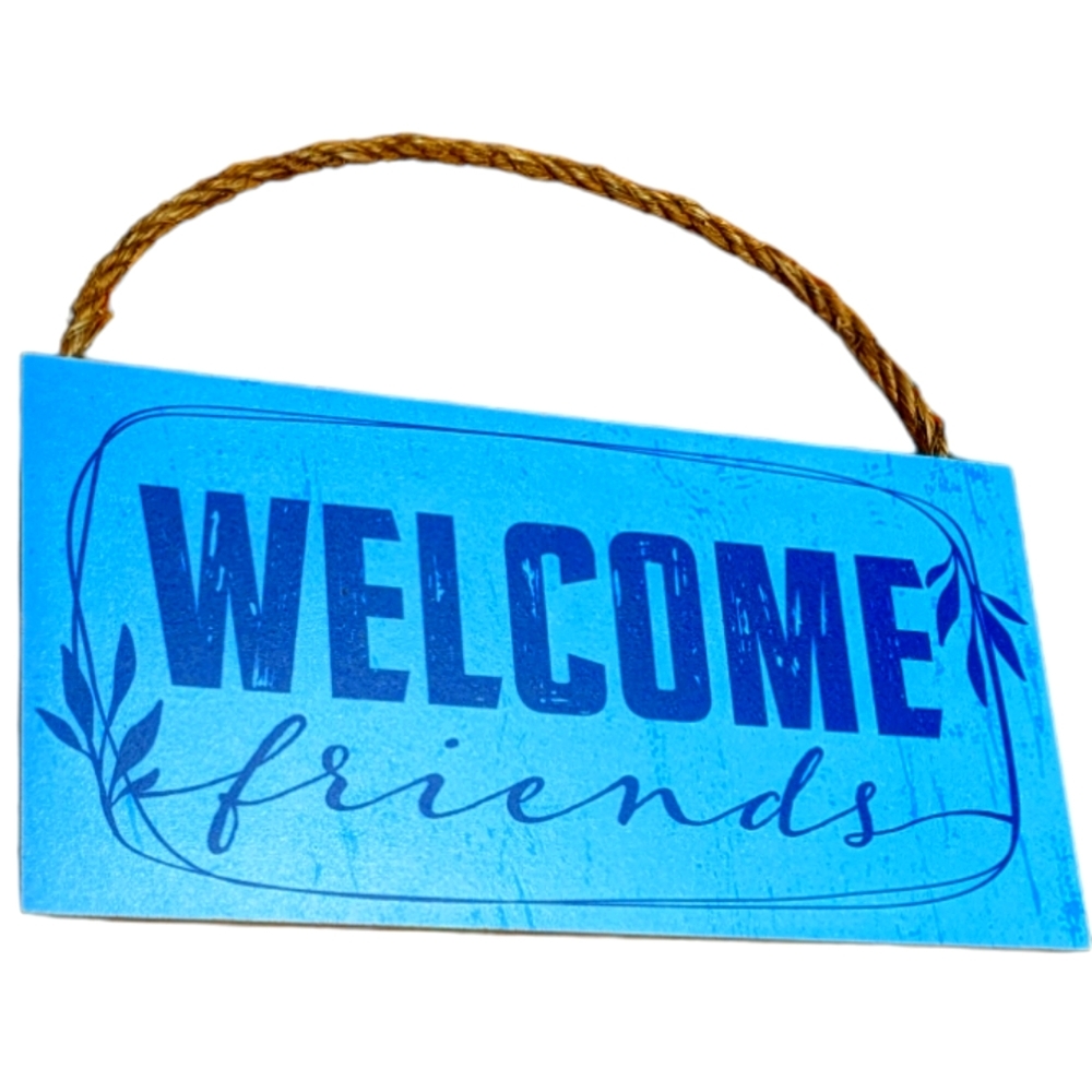 Wincraft Welcome Friends Navy & Sky Blue Wooden Sign with Twine Rope Hanger NWT